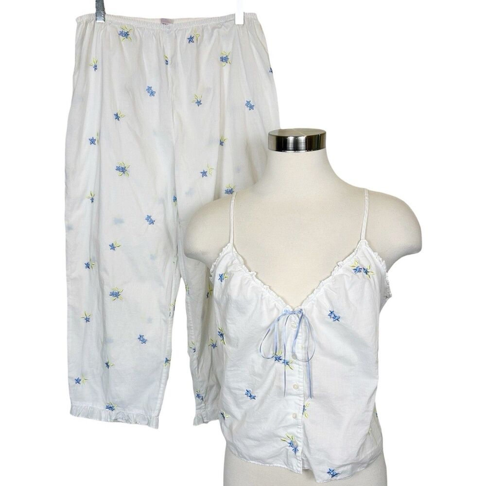 Victoria’s Secret Cottagecore Cami & Pajama Pant Set White Cotton Blue Flowers M